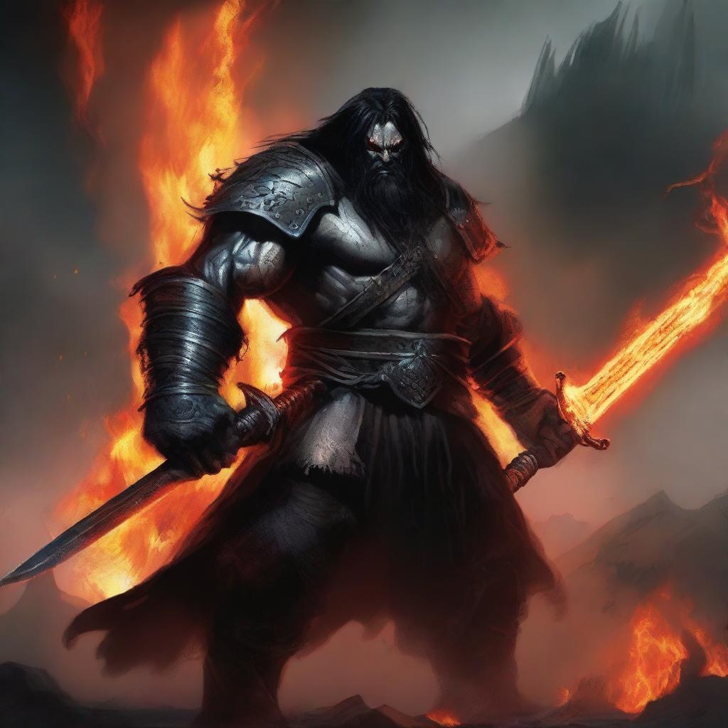 A fierce orc man with long black hair and a black beard, wearing black armor