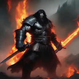 A fierce orc man with long black hair and a black beard, wearing black armor