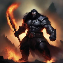 A fierce orc man with long black hair and a black beard, wearing black armor