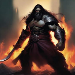 A fierce orc man with long black hair and a black beard, wearing black armor
