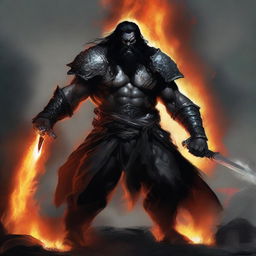 A fierce orc man with long black hair and a black beard, wearing black armor