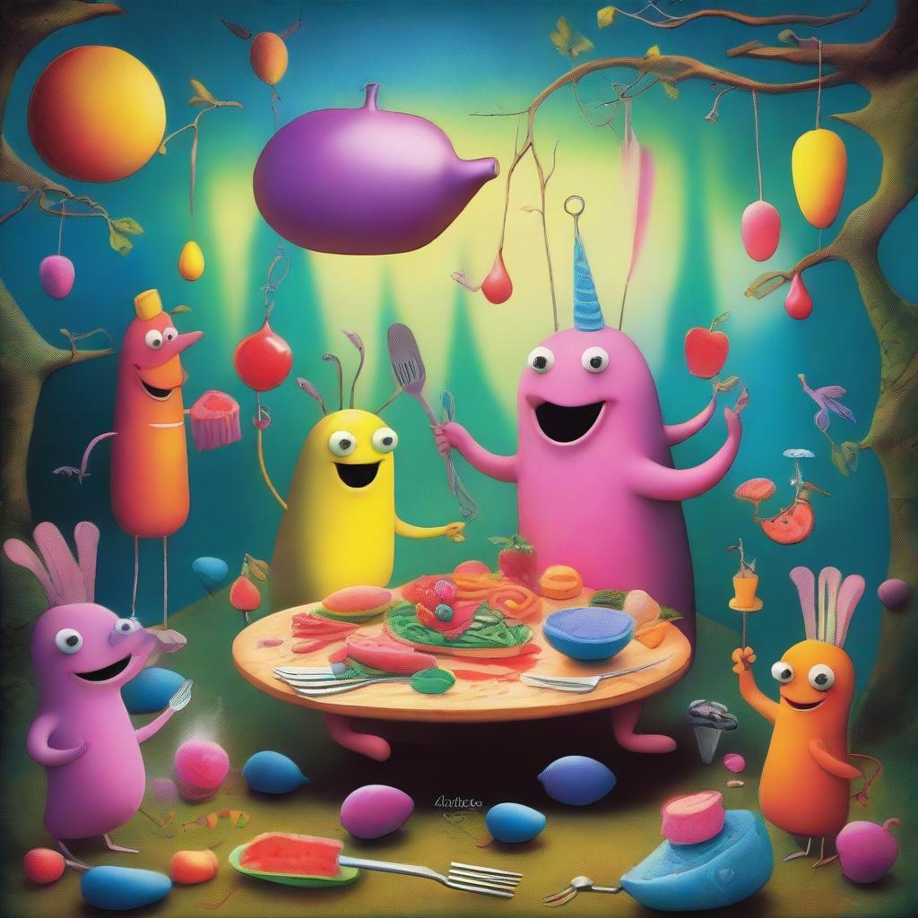 A whimsical and imaginative scene titled 'Forktales' featuring anthropomorphic forks engaging in various activities in a magical, fairytale-like setting