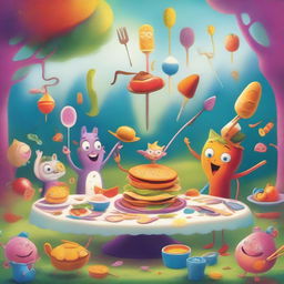 A whimsical and imaginative scene titled 'Forktales' featuring anthropomorphic forks engaging in various activities in a magical, fairytale-like setting