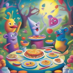 A whimsical and imaginative scene titled 'Forktales' featuring anthropomorphic forks engaging in various activities in a magical, fairytale-like setting