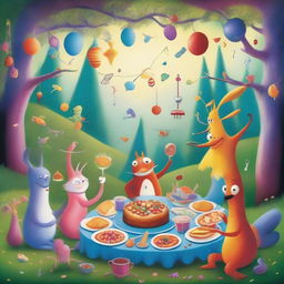 A whimsical and imaginative scene titled 'Forktales' featuring anthropomorphic forks engaging in various activities in a magical, fairytale-like setting