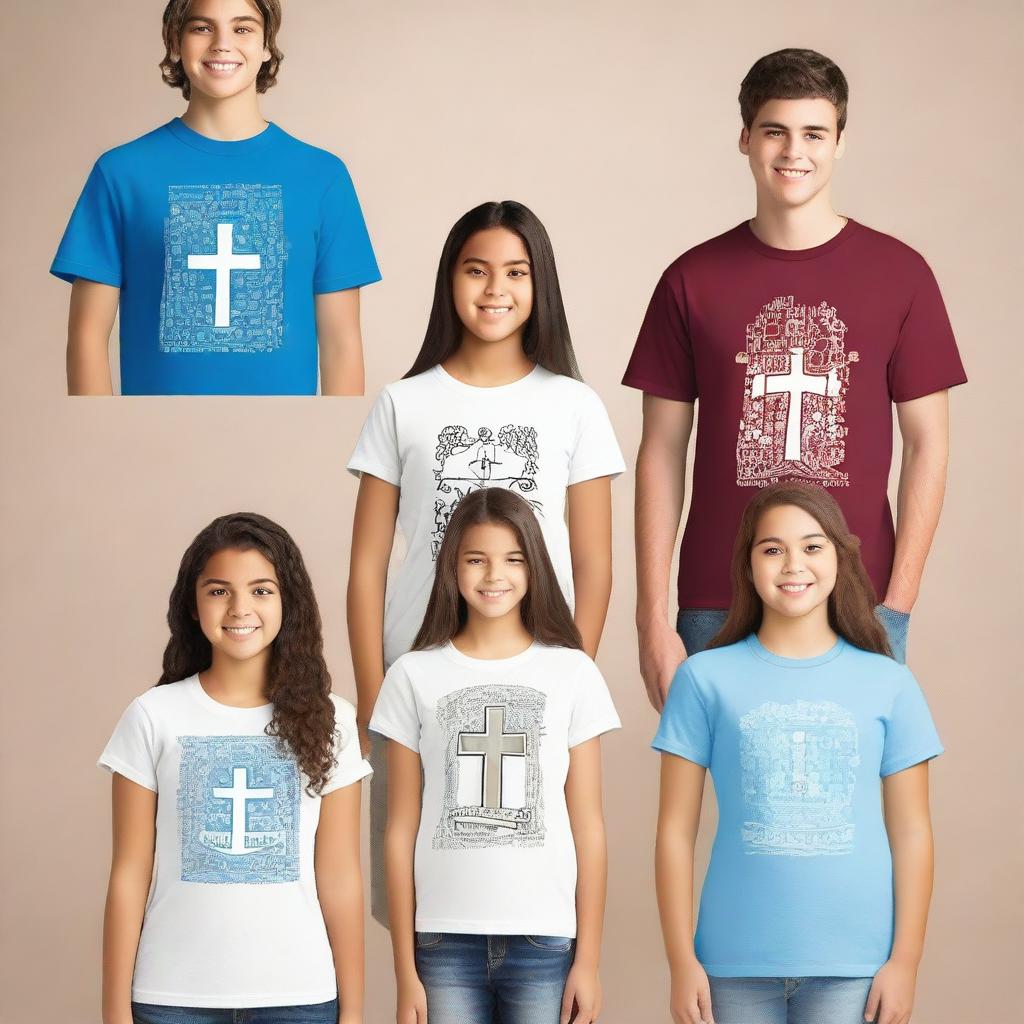 Create multiple t-shirt designs with prints on the front, back, and some even on the sleeves, focused on a group of young people from the Catholic Church