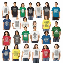 Create multiple t-shirt designs with prints on the front, back, and some even on the sleeves, focused on a group of young people from the Catholic Church