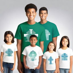 Create multiple t-shirt designs with prints on the front, back, and some even on the sleeves, focused on a group of young people from the Catholic Church