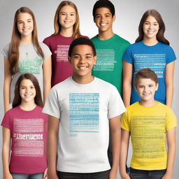 Create multiple t-shirt designs with prints on the front, back, and some even on the sleeves, focused on a group of young people from the Catholic Church