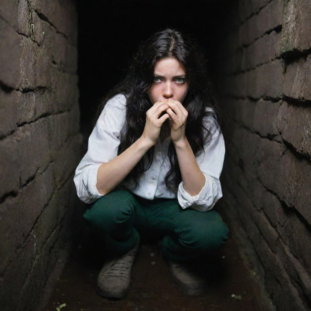 A scared 14-year-old girl with long, wavy black hair and green eyes nervously bites her nails. Her white blouse is dirt-stained, black pants baggy, and sneakers muddy. She stands apprehensively inside an ominously dark sewer.