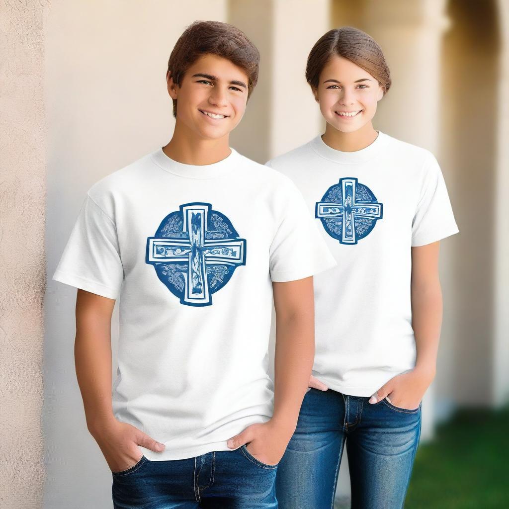 Design a variety of t-shirt models with front, back, and sleeve prints focused on a Catholic youth group theme