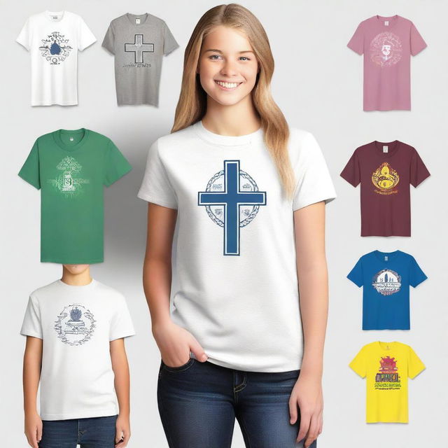 Design a variety of t-shirt models with front, back, and sleeve prints focused on a Catholic youth group theme