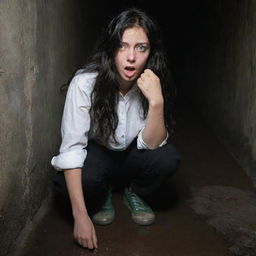 A scared 14-year-old girl with long, wavy black hair and green eyes nervously bites her nails. Her white blouse is dirt-stained, black pants baggy, and sneakers muddy. She stands apprehensively inside an ominously dark sewer.