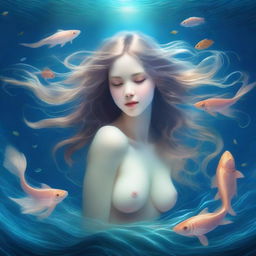 A beautiful sea nymph with flowing hair and an ethereal glow, emerging from the ocean waves