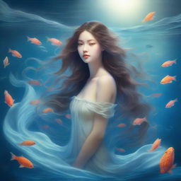 A beautiful sea nymph with flowing hair and an ethereal glow, emerging from the ocean waves