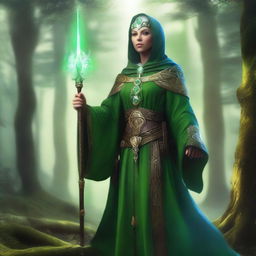 A green-skinned female cleric in a fantasy setting