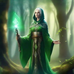 A green-skinned female cleric in a fantasy setting