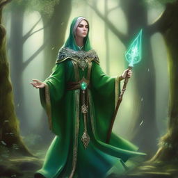 A green-skinned female cleric in a fantasy setting