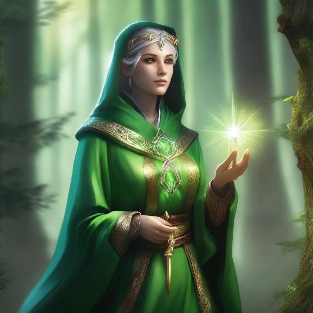 A green-skinned female cleric in a fantasy setting