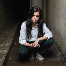 A scared 14-year-old girl with long, wavy black hair and green eyes nervously bites her nails. Her white blouse is dirt-stained, black pants baggy, and sneakers muddy. She stands apprehensively inside an ominously dark sewer.