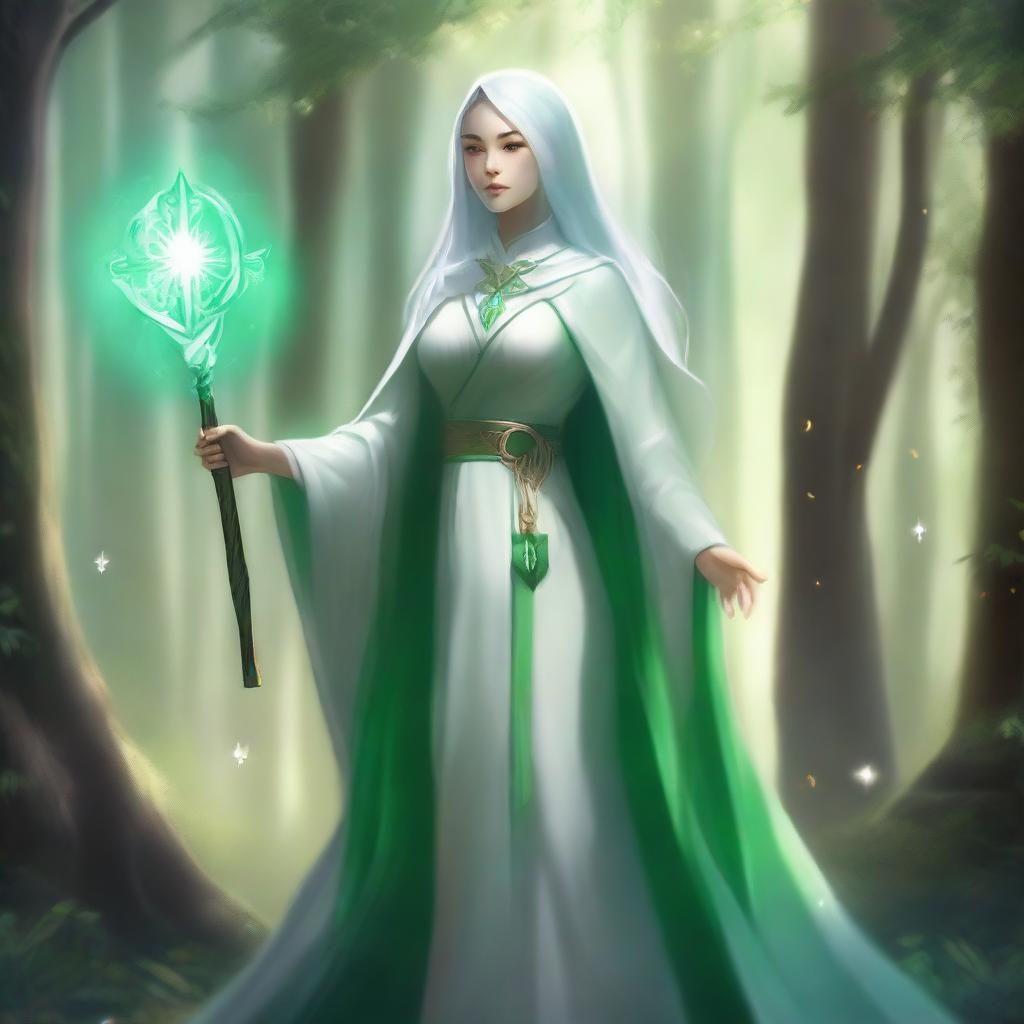 A green-skinned female cleric dressed in white clerical robes