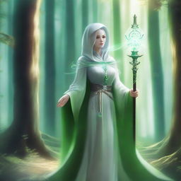 A green-skinned female cleric dressed in white clerical robes