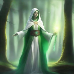 A green-skinned female cleric dressed in white clerical robes