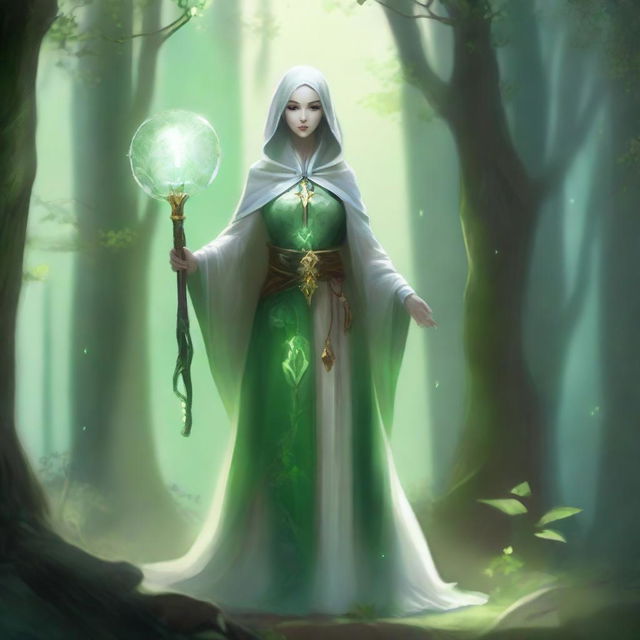 A green-skinned female cleric dressed in white clerical robes