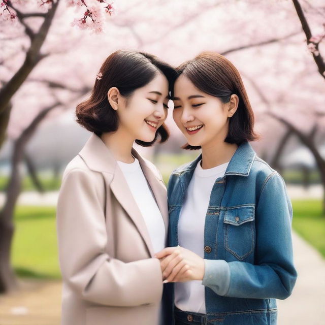 A loving Korean lesbian couple sharing a tender moment together