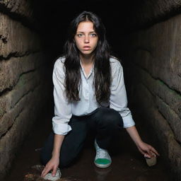 A scared 14-year-old girl with long, wavy black hair and green eyes nervously bites her nails. Her white blouse is dirt-stained, black pants baggy, and sneakers muddy. She stands apprehensively inside an ominously dark sewer.