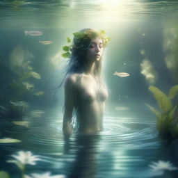 A mystical Water Dryad emerging from a serene lake