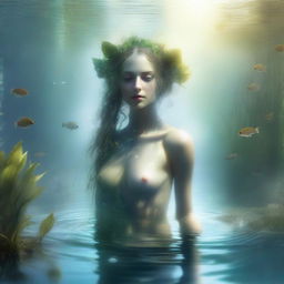 A mystical Water Dryad emerging from a serene lake