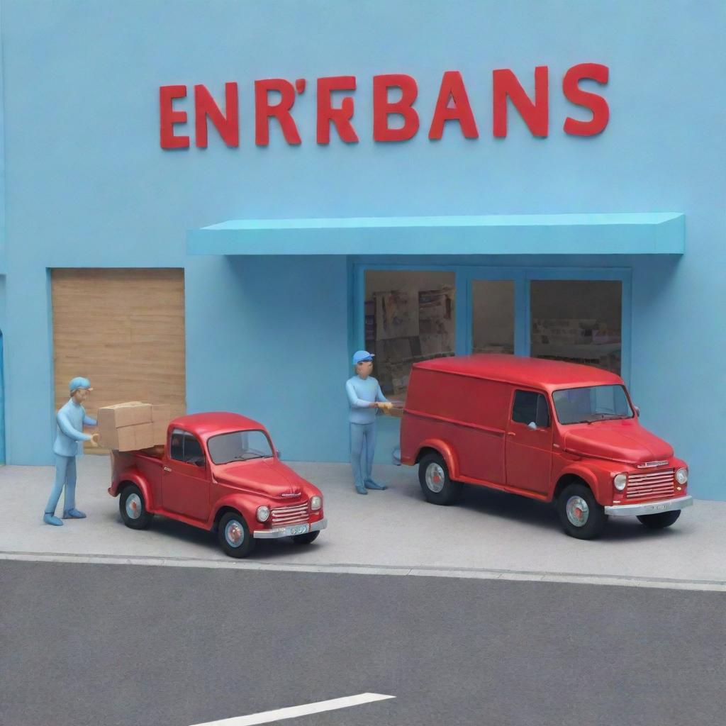 Generate a 3D image of a man handing over a box to another man in a light blue store named 'HOP ENVIOS', with a red truck parked next to the store.