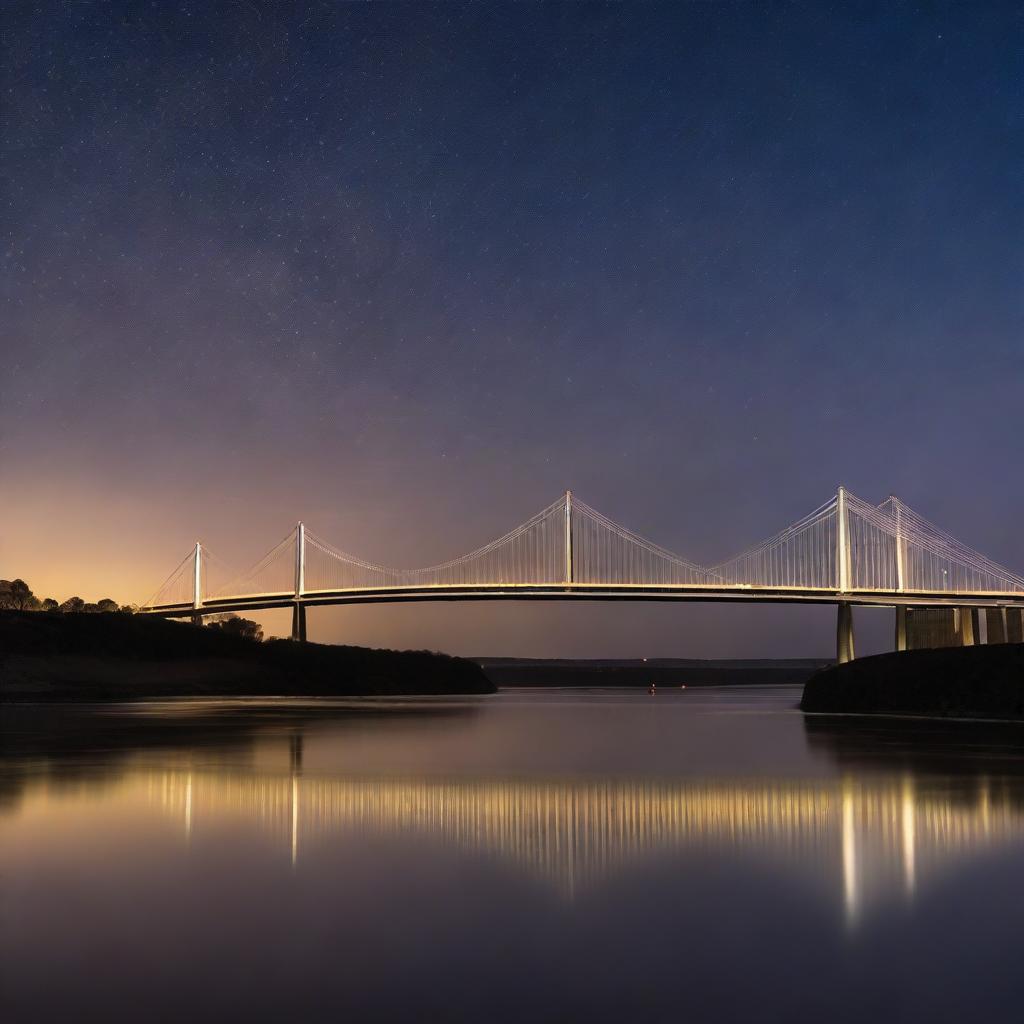 A stunning view of the Humber Bridge at night, illuminated by soft, glowing lights reflecting off the water below