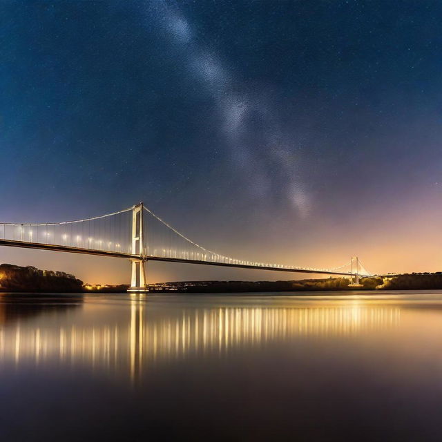 A stunning view of the Humber Bridge at night, illuminated by soft, glowing lights reflecting off the water below