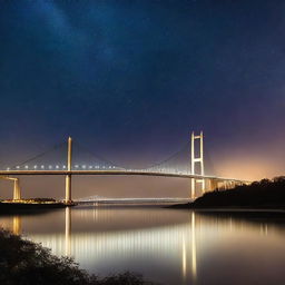 A stunning view of the Humber Bridge at night, illuminated by soft, glowing lights reflecting off the water below