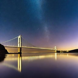 A stunning view of the Humber Bridge at night, illuminated by soft, glowing lights reflecting off the water below