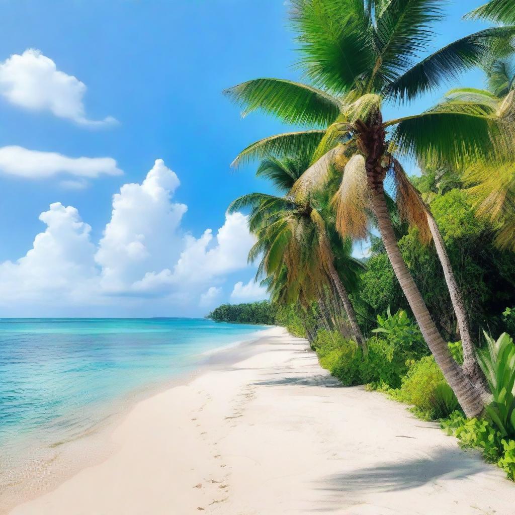 A beautiful photo of Montok Beach, featuring clear blue waters, white sandy shores, and lush green palm trees