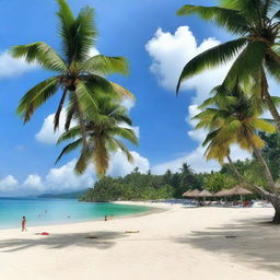 A beautiful photo of Montok Beach, featuring clear blue waters, white sandy shores, and lush green palm trees