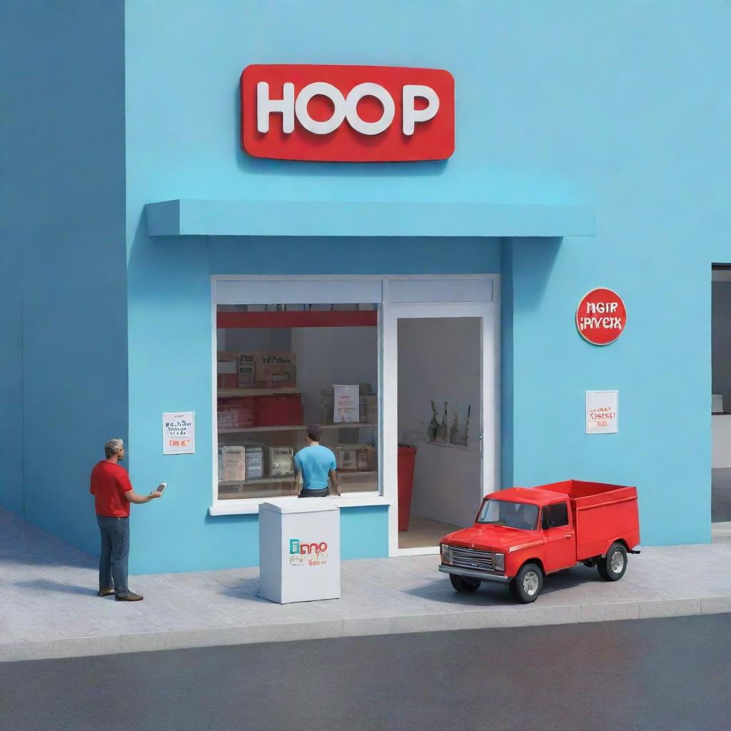 Generate a 3D image of a man handing over a box to another man in a light blue store named 'HOP ENVIOS', with a red truck parked next to the store.