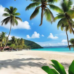 A beautiful photo of Montok Beach, featuring clear blue waters, white sandy shores, and lush green palm trees