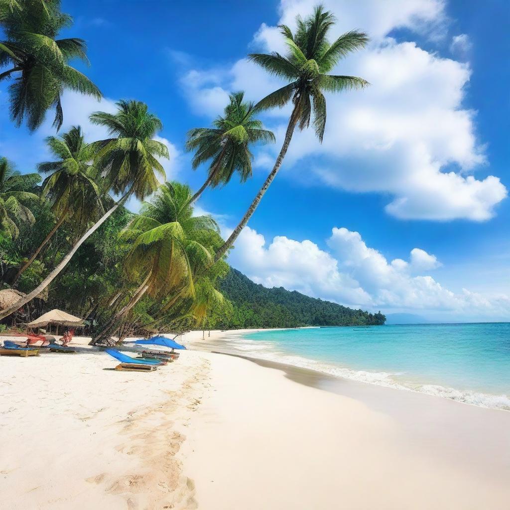 A beautiful photo of Montok Beach, featuring clear blue waters, white sandy shores, and lush green palm trees