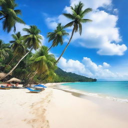 A beautiful photo of Montok Beach, featuring clear blue waters, white sandy shores, and lush green palm trees