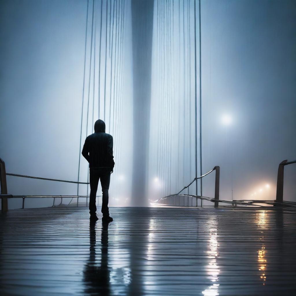 A dramatic scene of the Humber Bridge at night during a rainstorm