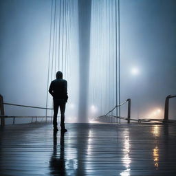 A dramatic scene of the Humber Bridge at night during a rainstorm