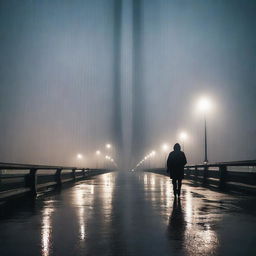 A dramatic scene of the Humber Bridge at night during a rainstorm