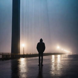 A dramatic scene of the Humber Bridge at night during a rainstorm