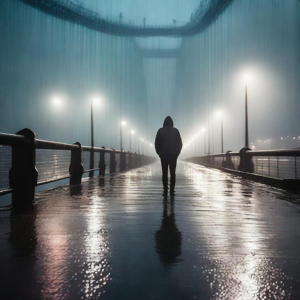 A dramatic scene of a man standing on the Humber Bridge at night while it is raining