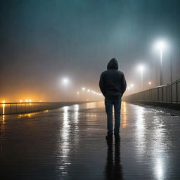 A dramatic scene of a man standing on the Humber Bridge at night while it is raining