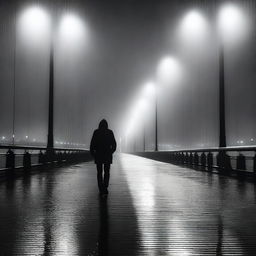 A dramatic scene of a man standing on the Humber Bridge at night while it is raining